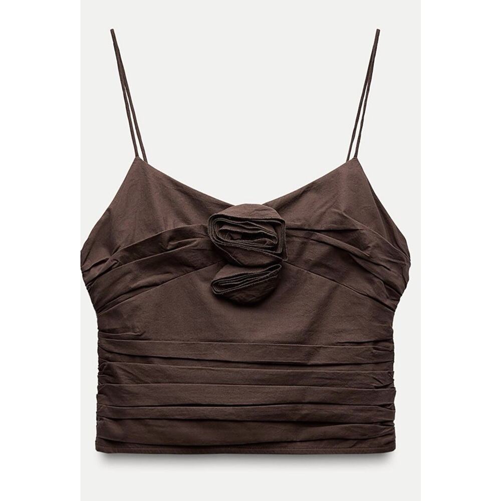 ZARA Brown Strapless Rosette Crop Top Women’s Size L Ruched Corset Style NWT